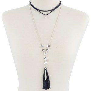 Lucky Brand Silver-Tone Imitation Pearl & Navy Leather Layered Lariat Necklace